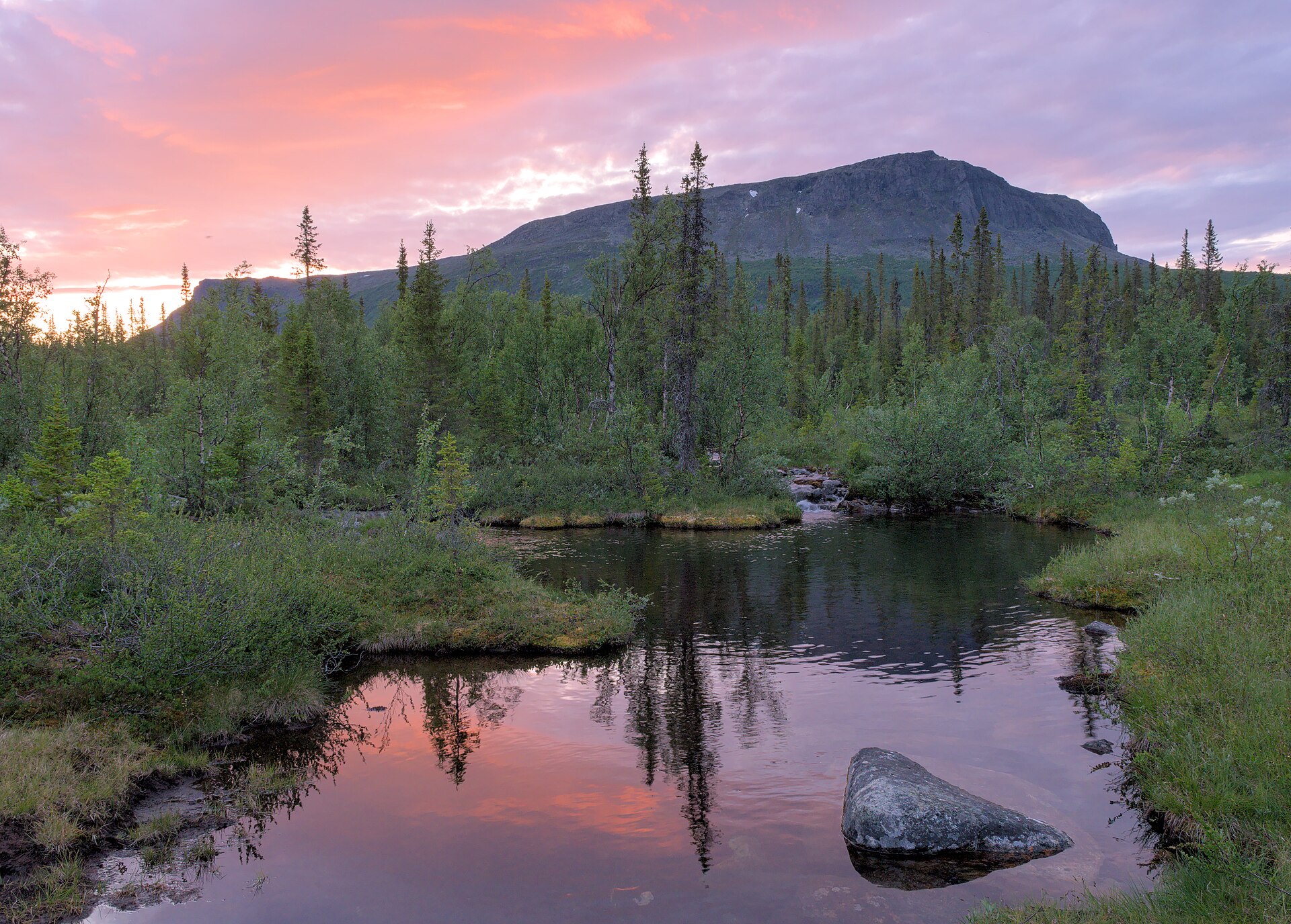 Suobbatjåhkå bäck och berget Tjakkeli i guldljus vid solnedgång i Sarek nationalpark, med ett tjärn omgivet av fjällbjörkskog i förgrunden.